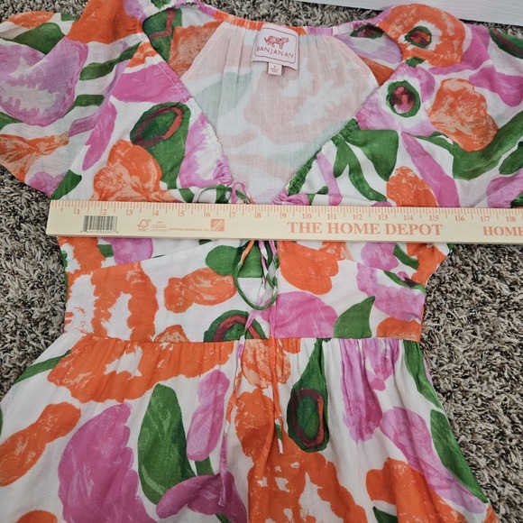 BANJANAN Euphoric Bloom Vivid Floral Flowy Cotton Dress Blouson Sleeve Small - Picture 8 of 11